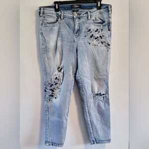 Sz 14 Siver Izzy Floral Embroidered Ankle Skinny Jeans Boho Chic Casual Femanine